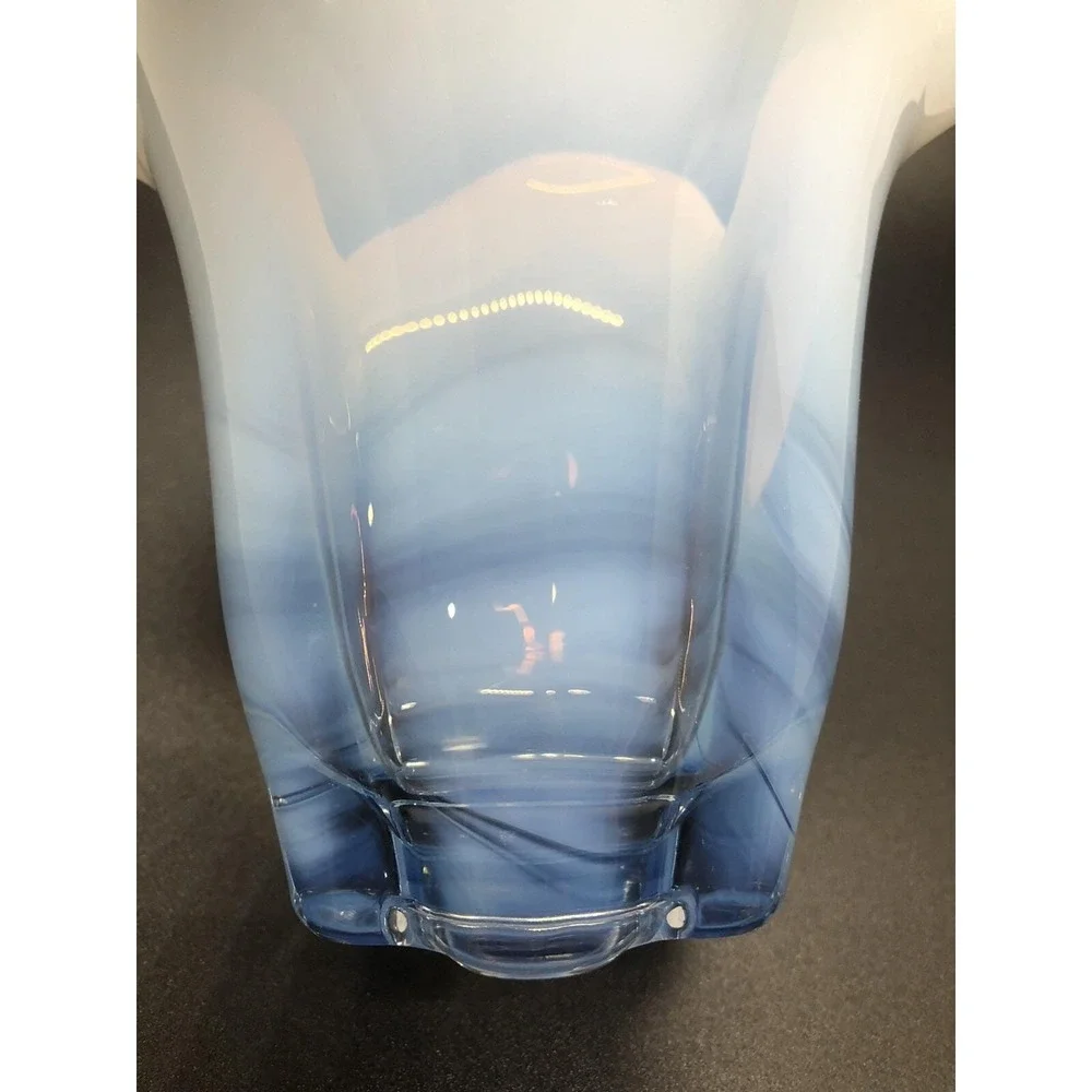Blue White Opalescent Fade Art‎ Glass Vase Ruffled Rim MCM Style 4